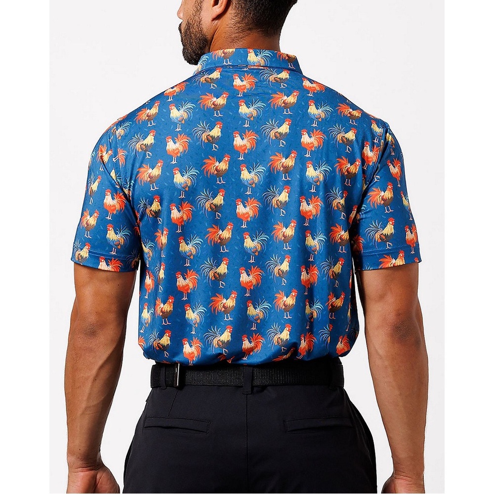 Waggle Cocky Rooster Golf Polo Shirt‎ Blue Novelty Print Stretch Size M - Picture 2 of 5